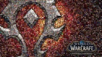 A vibrant mosaic featuring the Horde emblem from World of Warcraft: Battle for Azeroth, composed of iconic characters and scenes from the game.