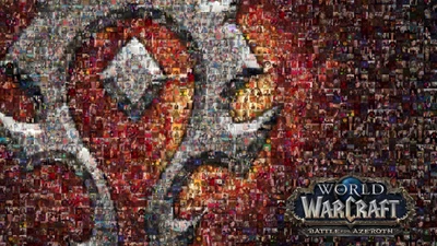 Un mosaico vibrante con el emblema de la Horda de World of Warcraft: Batalla por Azeroth, compuesto por personajes icónicos y escenas del juego.