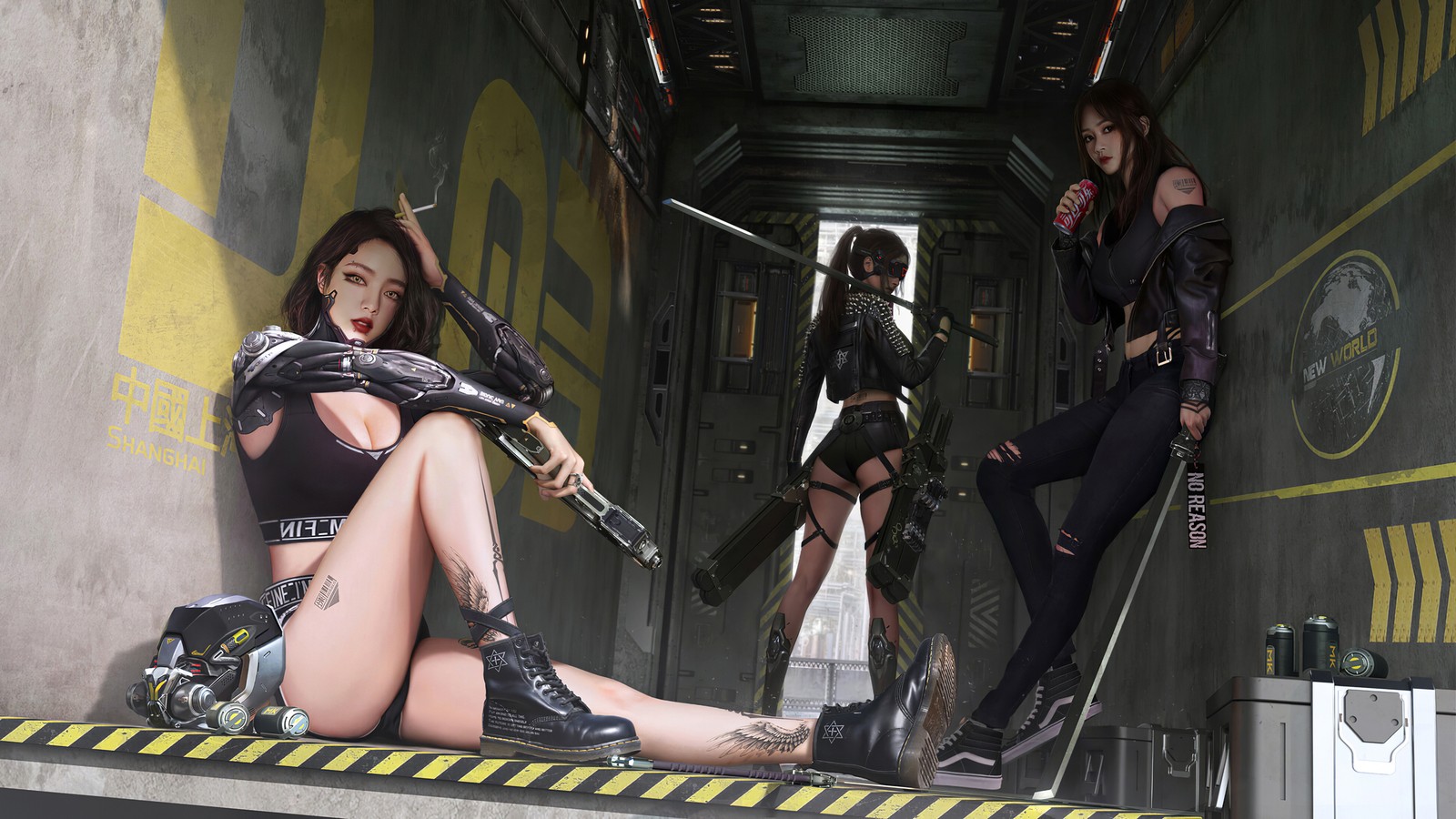 Há três mulheres em uma cena de ficção científica com armas (cyberpunk, meninas, futurístico, soldado, ficção científica)