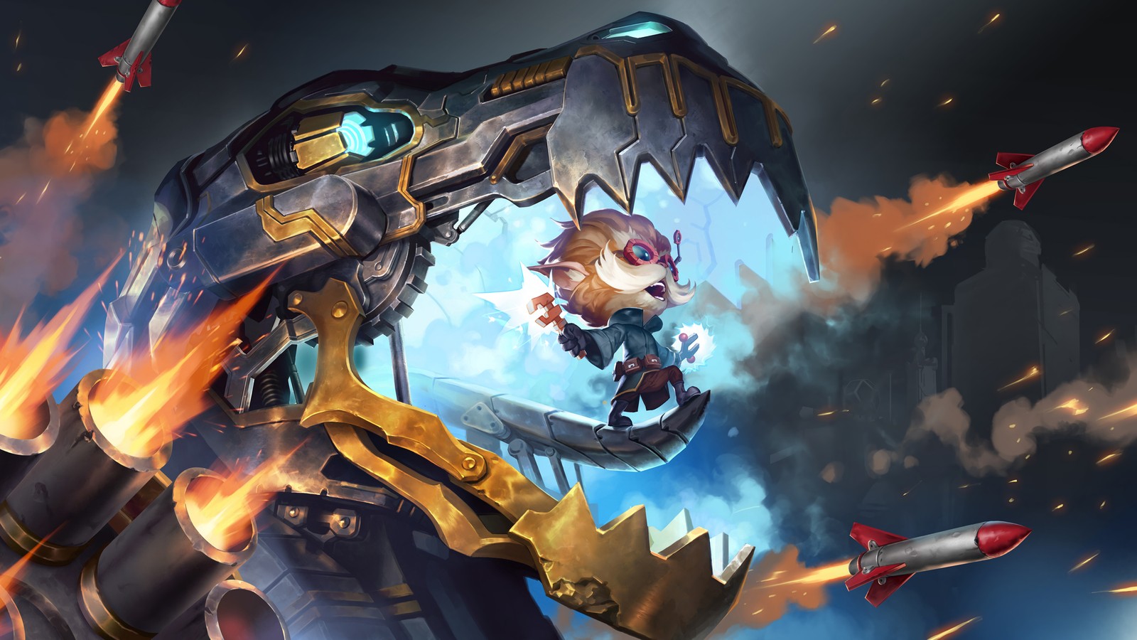 A close up of a person on a giant robot with a fire (heimerdinger, lol, league of legends, legends of runeterra, video game)