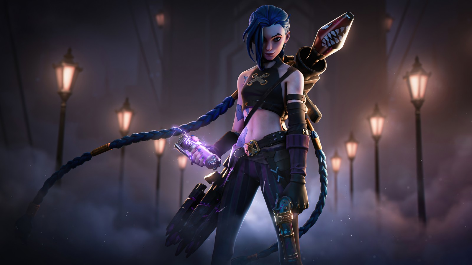 Eine frau in einem schwarzen outfit hält ein schwert und ein licht (arcane series, fernsehserie, jinx, fortnite, haut)