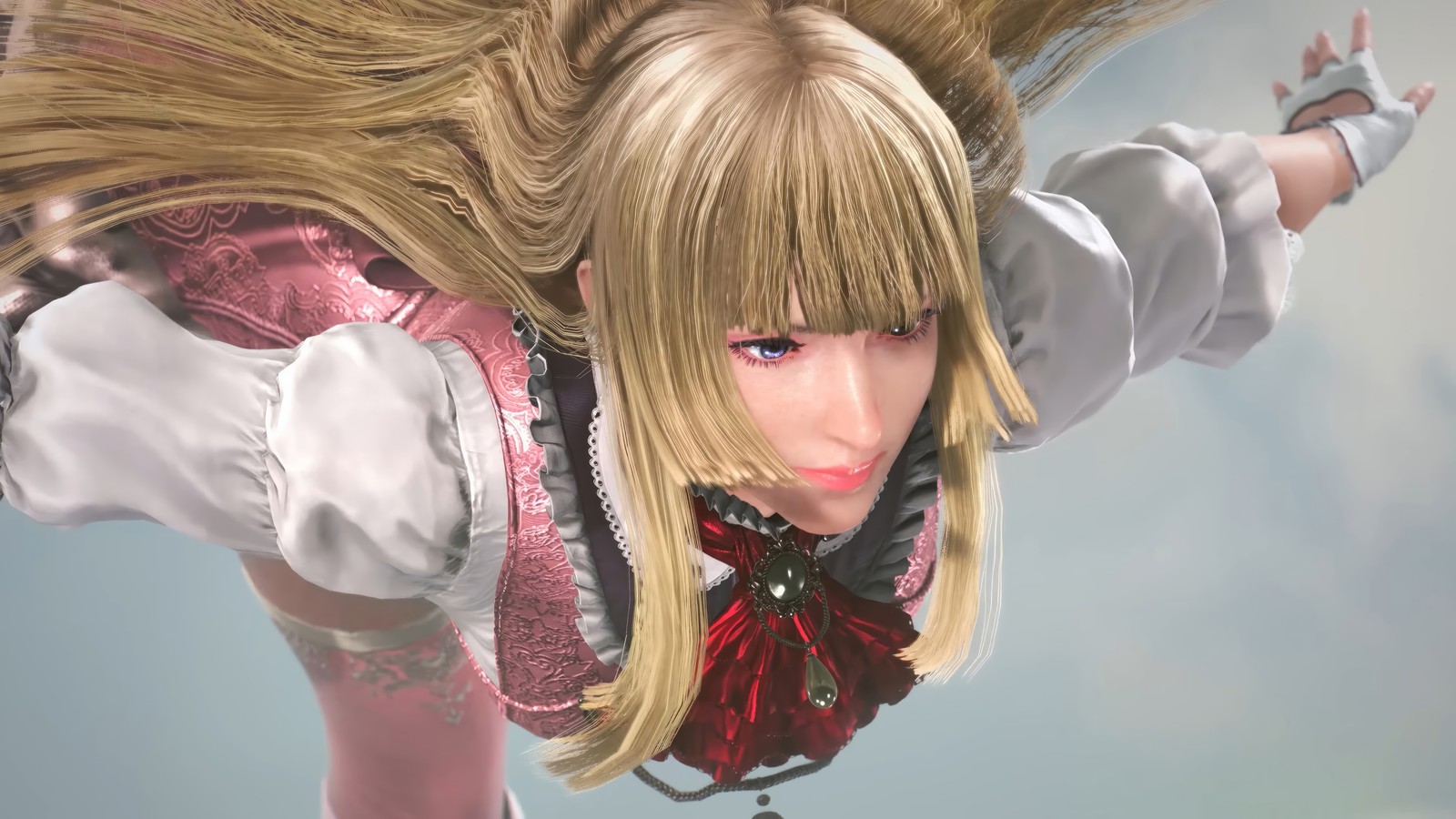 Il y a une femme aux longs cheveux blonds volant dans les airs (lilly, tekken 8, jeu vidéo)