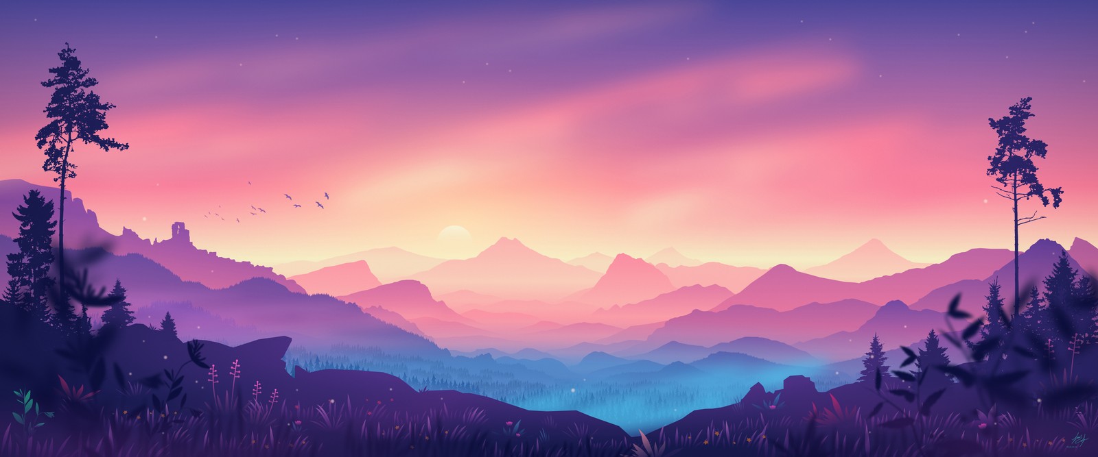 Mountains and trees in a purple and blue sunset (valley, landscape, aesthetic, mountains, gradient background)