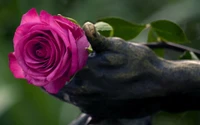 Rosa elegante sostenida por una mano esculpida