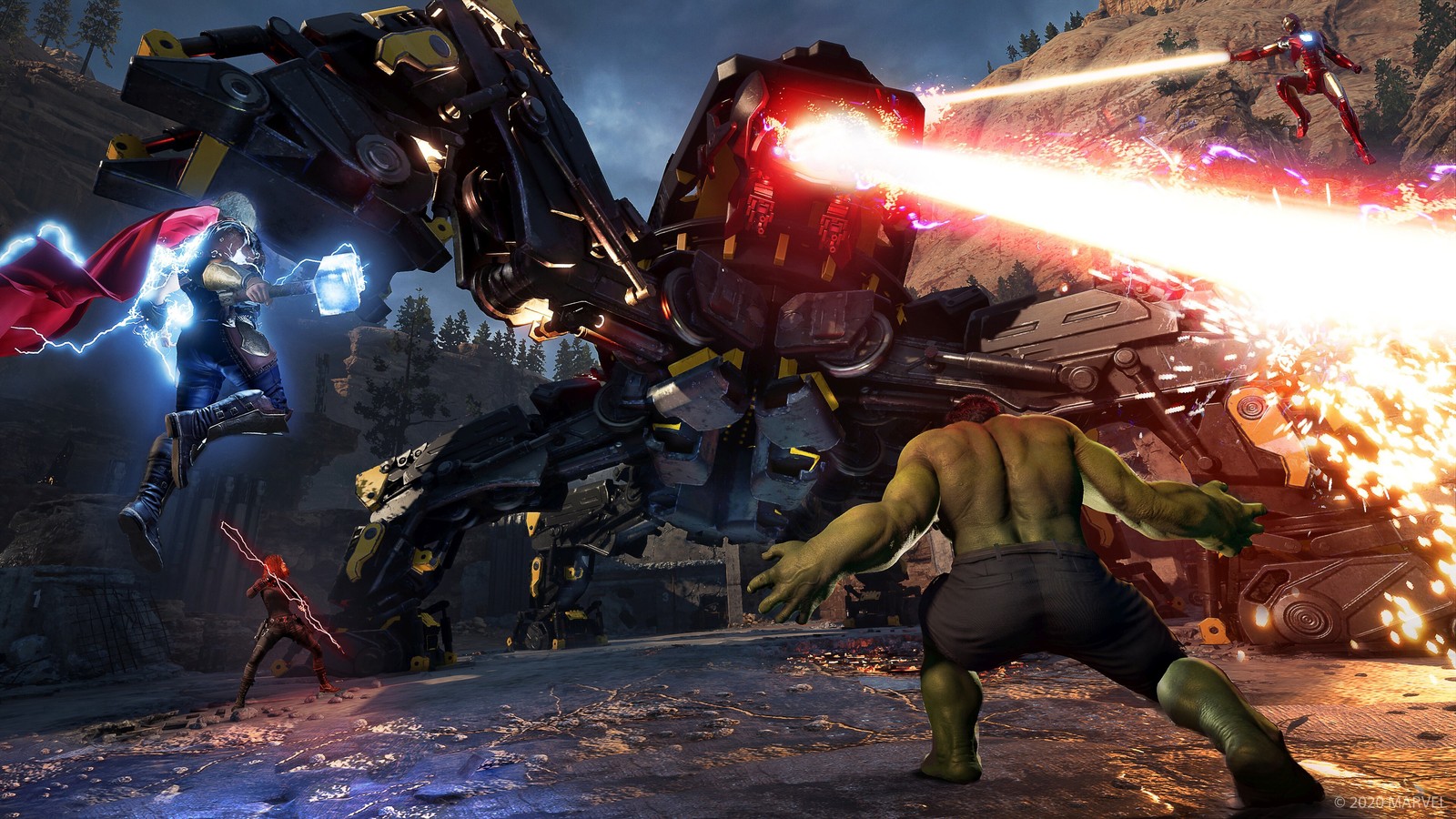 Avengers kriegs-screenshot mit hulk und iron man (marvels avenger, videospiel, marvel, schlacht, hulk)