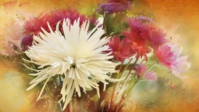 painting, chrysanthemum, watercolor painting, texture, flower