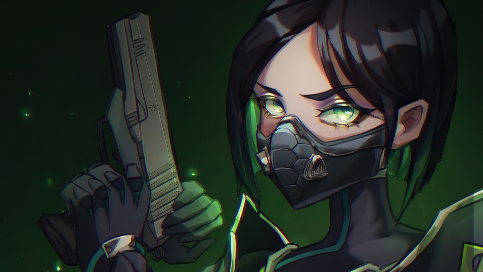 A woman in a gas mask holding a gun (viper, valorant, video game, art)