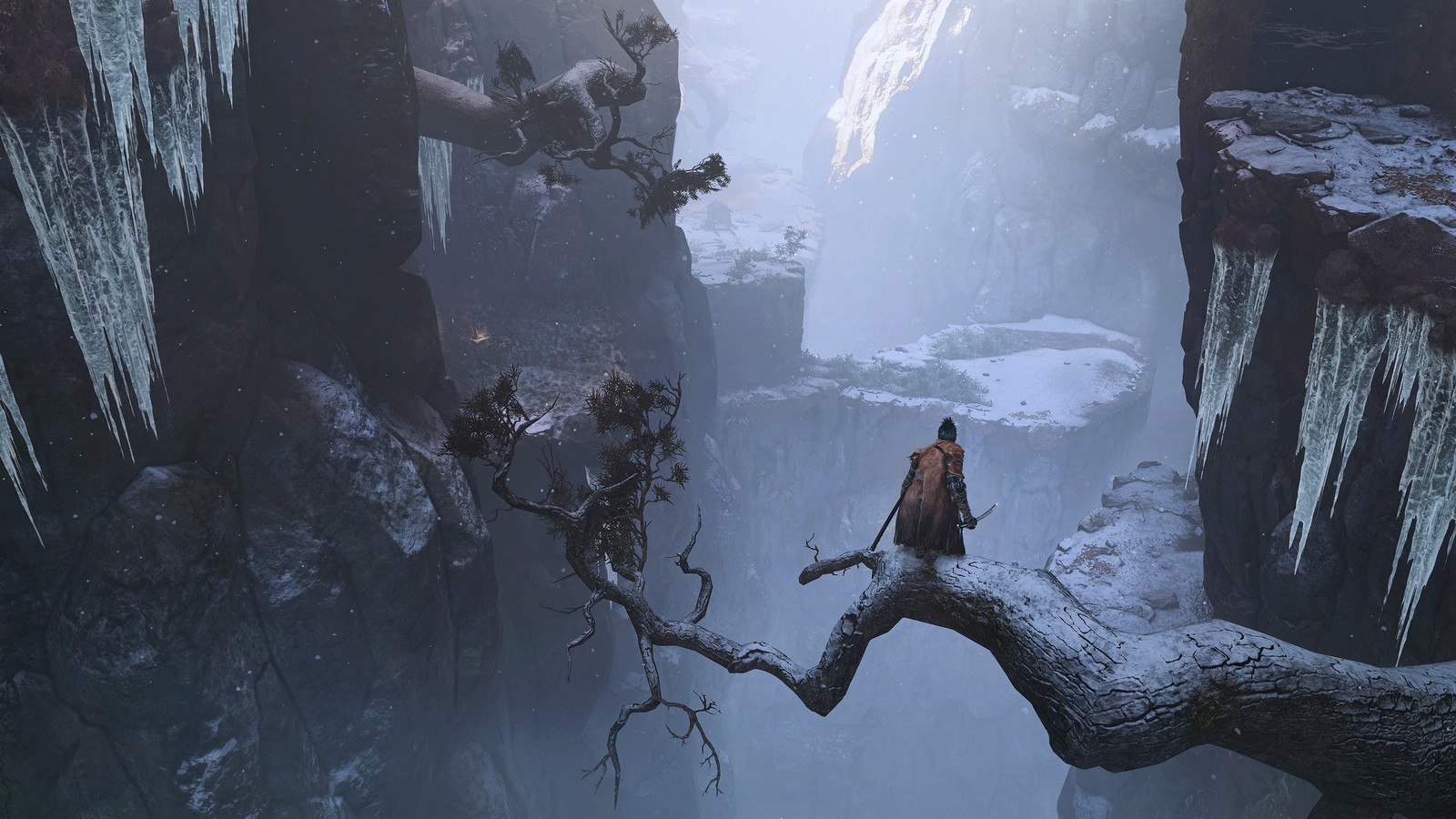 Araffe standing on a branch in a snowy canyon (sekiro shadows die twice, bloodborne, dark souls, dark souls iii, stealth game)