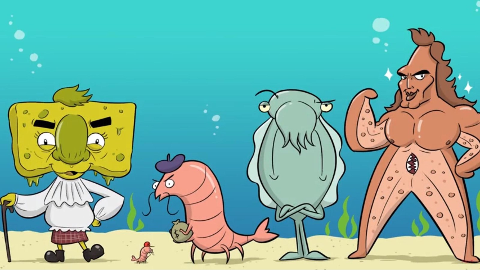 Cartoon characters of different sizes and colors standing in the sand (spongebob squarepants, mr krabs, patrick star, cartoon, illustration)