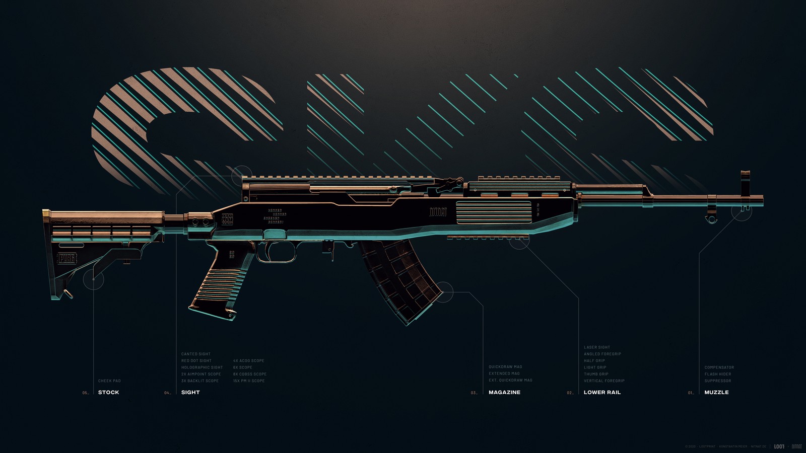 Um close de uma arma com uma descrição das partes (sks, dmr, rifle de atirador designado, pubg mobile, playerunknowns battlegrounds)