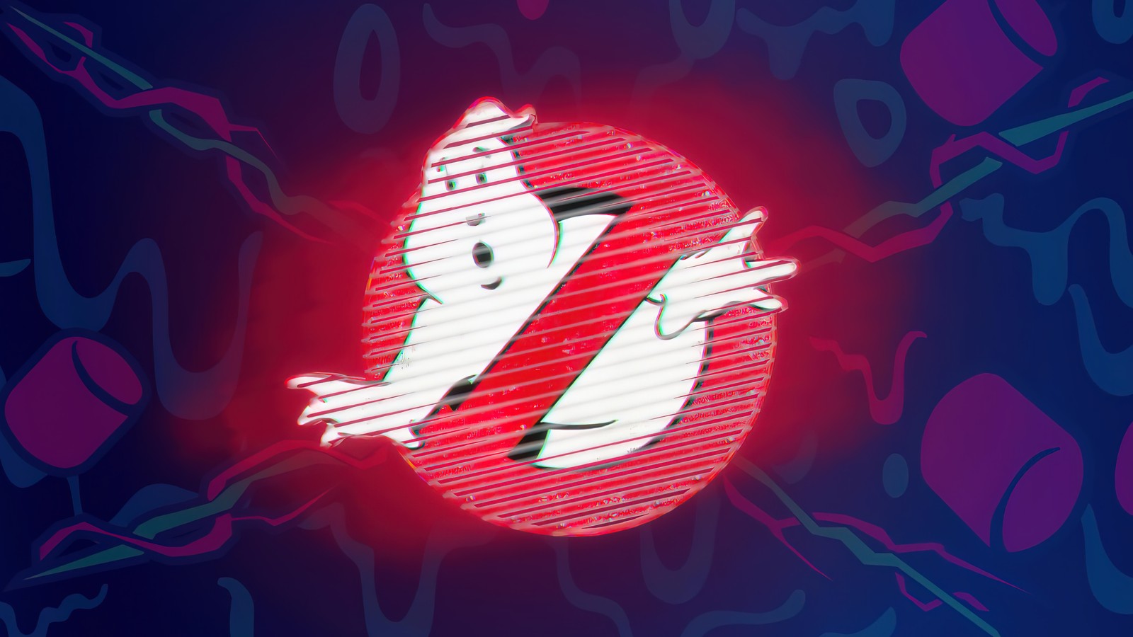 Un primer plano del logo de ghostbus en un fondo azul (cazafantasmas, ghostbusters, logotipo, fortnite, battle royale)