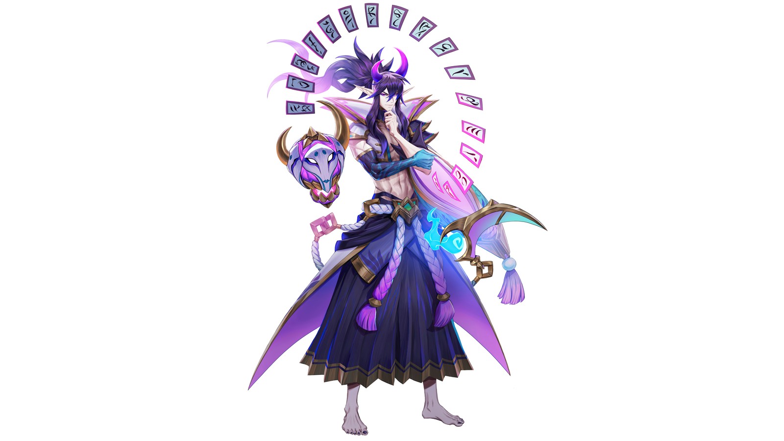 Uma mulher em um vestido roxo segurando um dragão roxo e azul (thresh, flor espiritual, desmascarar, league of legends, lol)