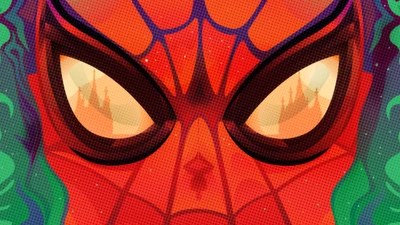 Illustration en gros plan du masque de Spider-Man, avec des tons rouges et oranges audacieux, avec des yeux frappants qui englobent un reflet d'un paysage urbain, sur un fond graphique vibrant.