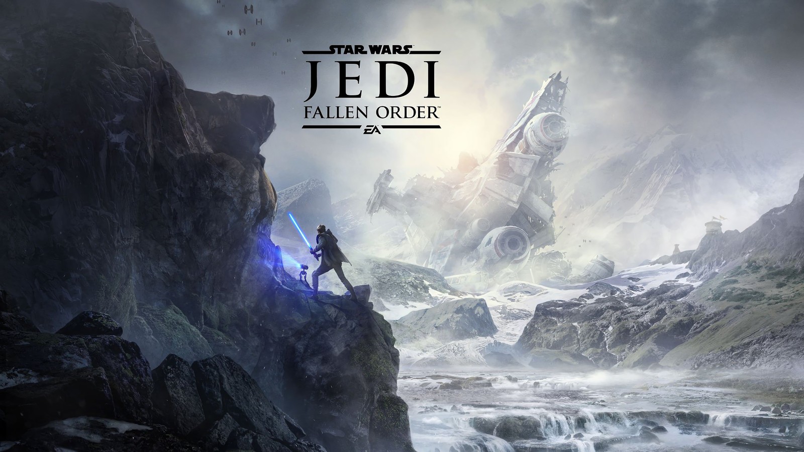 Ein star wars jedi: fallen order poster mit einem mann, der auf einer klippe steht (star wars jedi fallen order, videospiel)