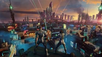 Futuristic Action Adventure: Heroes Overlooking a Vibrant Cyber City