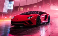 Impressionante Lamborghini Aventador S Roadster vermelho em paisagem urbana noturna