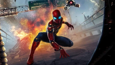 Spider-Man: Sin camino a casa - Escena de acción épica con explosiones y elementos de alta tecnología