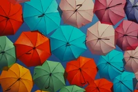 umbrellas, multicolor, colorful, vibrant, sky view wallpaper