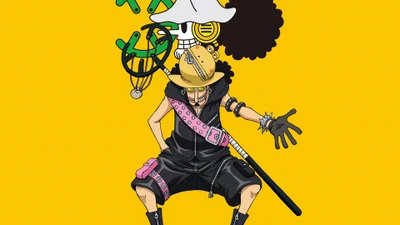 Usopp de One Piece : Rouge - illustré sur un fond jaune vif, mettant en valeur son style unique et ses éléments iconiques.