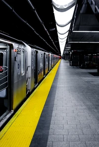 Estação de metrô moderna com plataforma amarela e trem