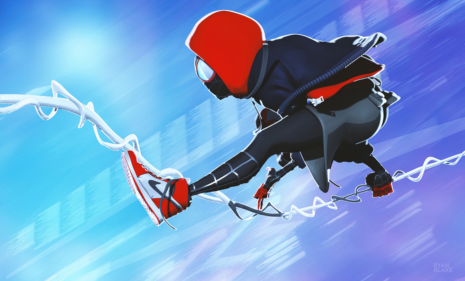 Spider-man dans un hoodie rouge volant dans les airs (miles morales, spider man new generation, spider man into the spider verse, art numérique, marvel comics)