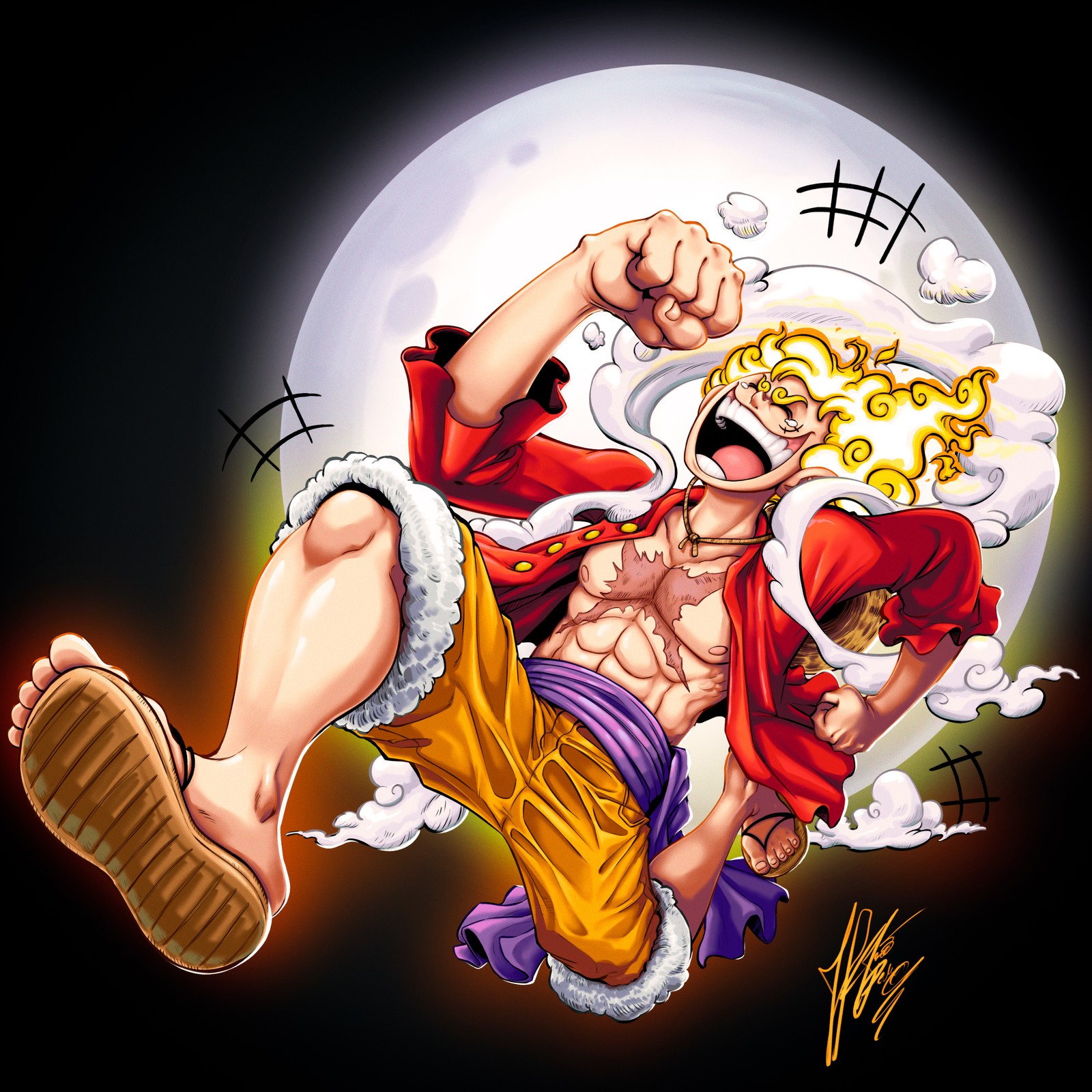 Anime-charaktere fliegen in der luft mit einem vollen mond hinter ihnen (one piece, luffy, ausrüstung 5, sonnengott nika, anime)