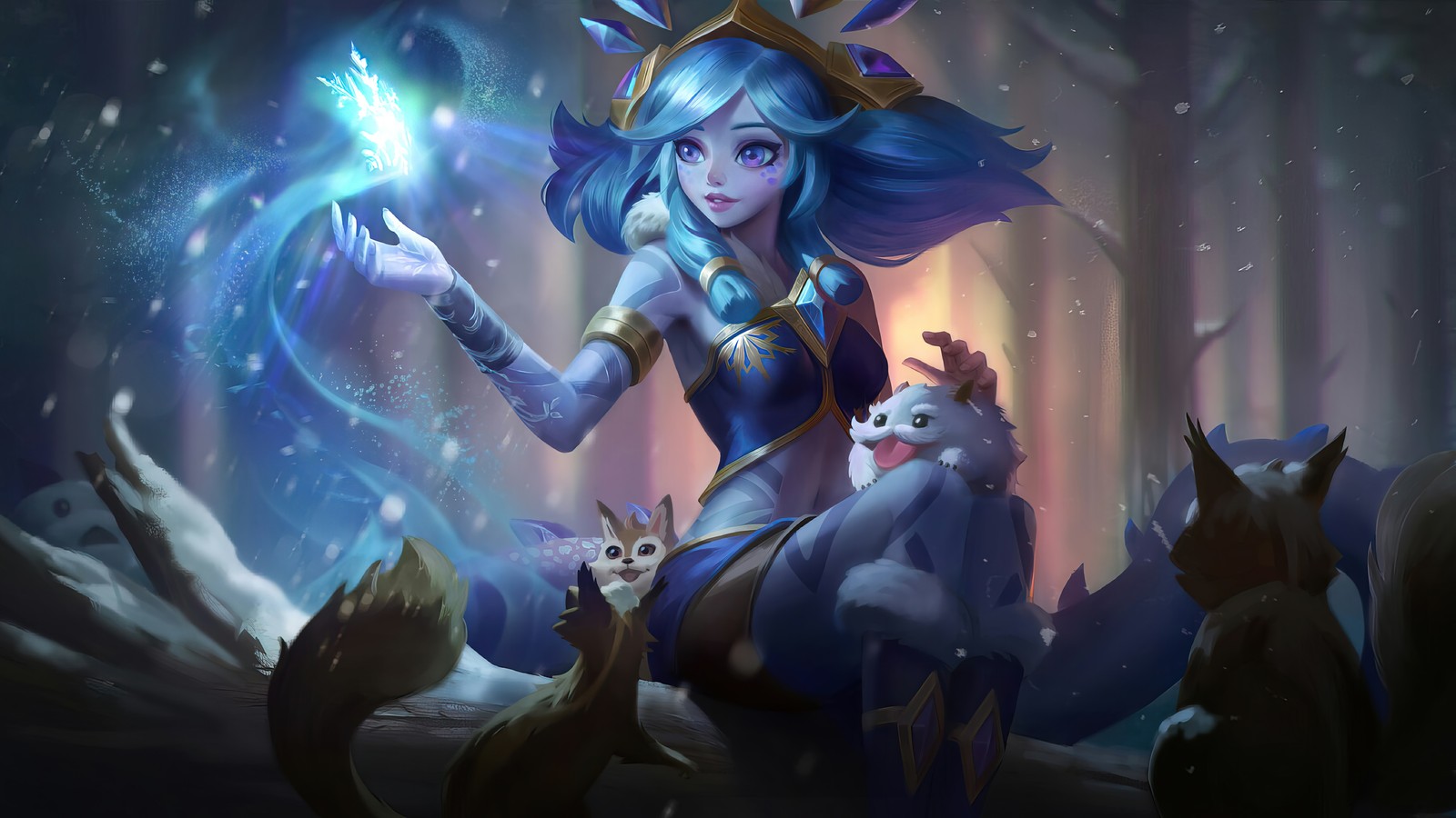 Eine frau mit blauen haaren und einem blauen outfit, die eine kristallkugel hält (neeko, winterwunder, lol, league of legends, videospiel)