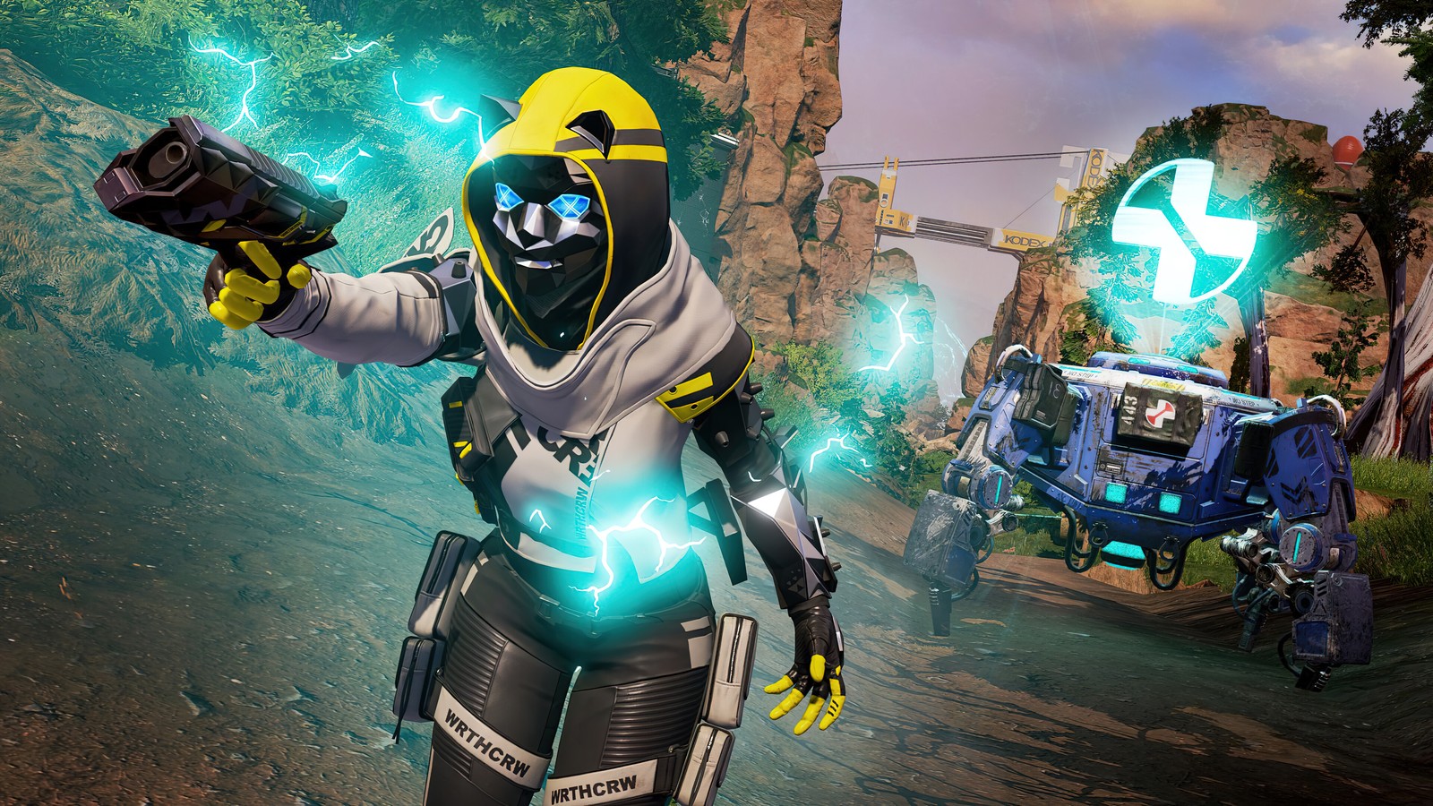 Uma captura de tela de uma pessoa em um traje amarelo e preto segurando uma câmera (aparição, void prowler, apex legends, jogo de vídeo)