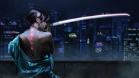 Fille samouraï cyberpunk avec katana dans un paysage urbain néon