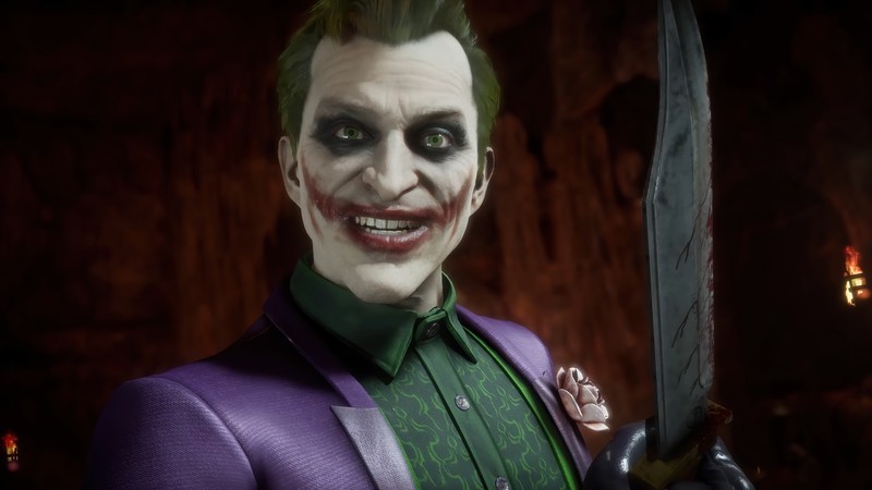 Бэтмен из аркхема держит нож в пурпурном костюме (джокер, joker, mortal kombat 11, mk11, видеоигра)