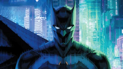 Batman in a futuristic cityscape, embodying the essence of a superhero in a vibrant, neon-lit environment.