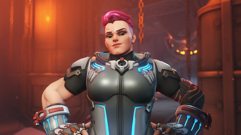 Женщина в футуристическом наряде стоит в комнате (заря, zarya, overwatch 2, видеоигра)