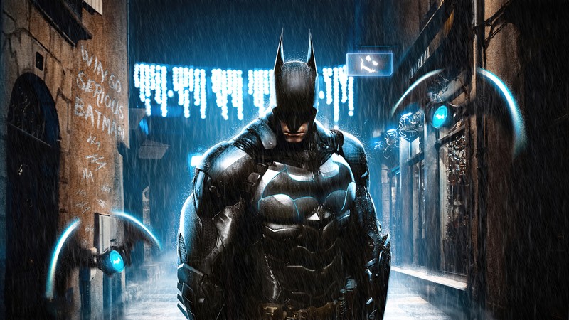 Бэтмен под дождем в темном переулке с неоновым знаком (batman, комиксы, супергерой)