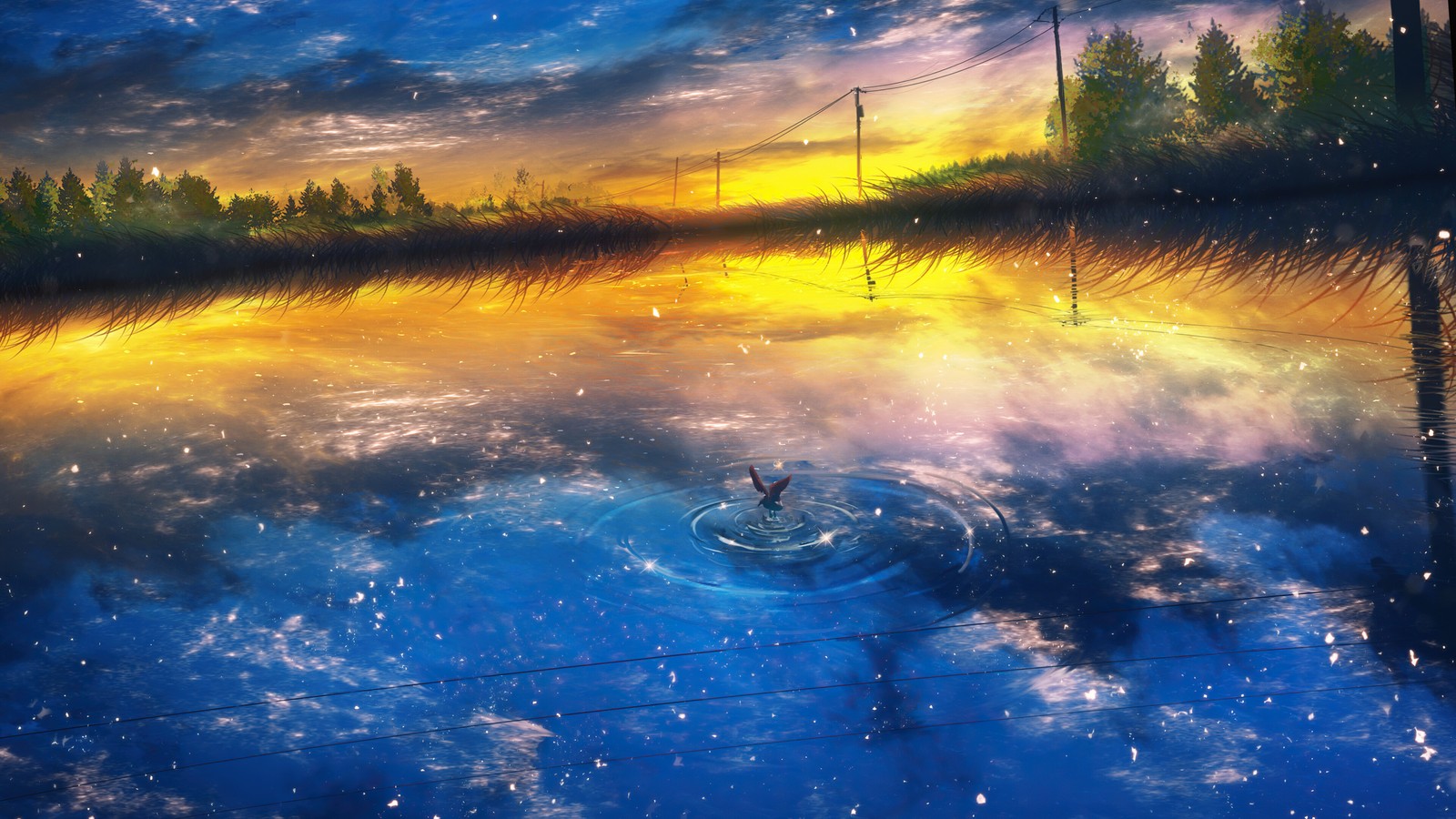 Pintura de un lago con un pájaro en él y un atardecer de fondo (hermoso, anime, puesta de sol, escenario, lago)