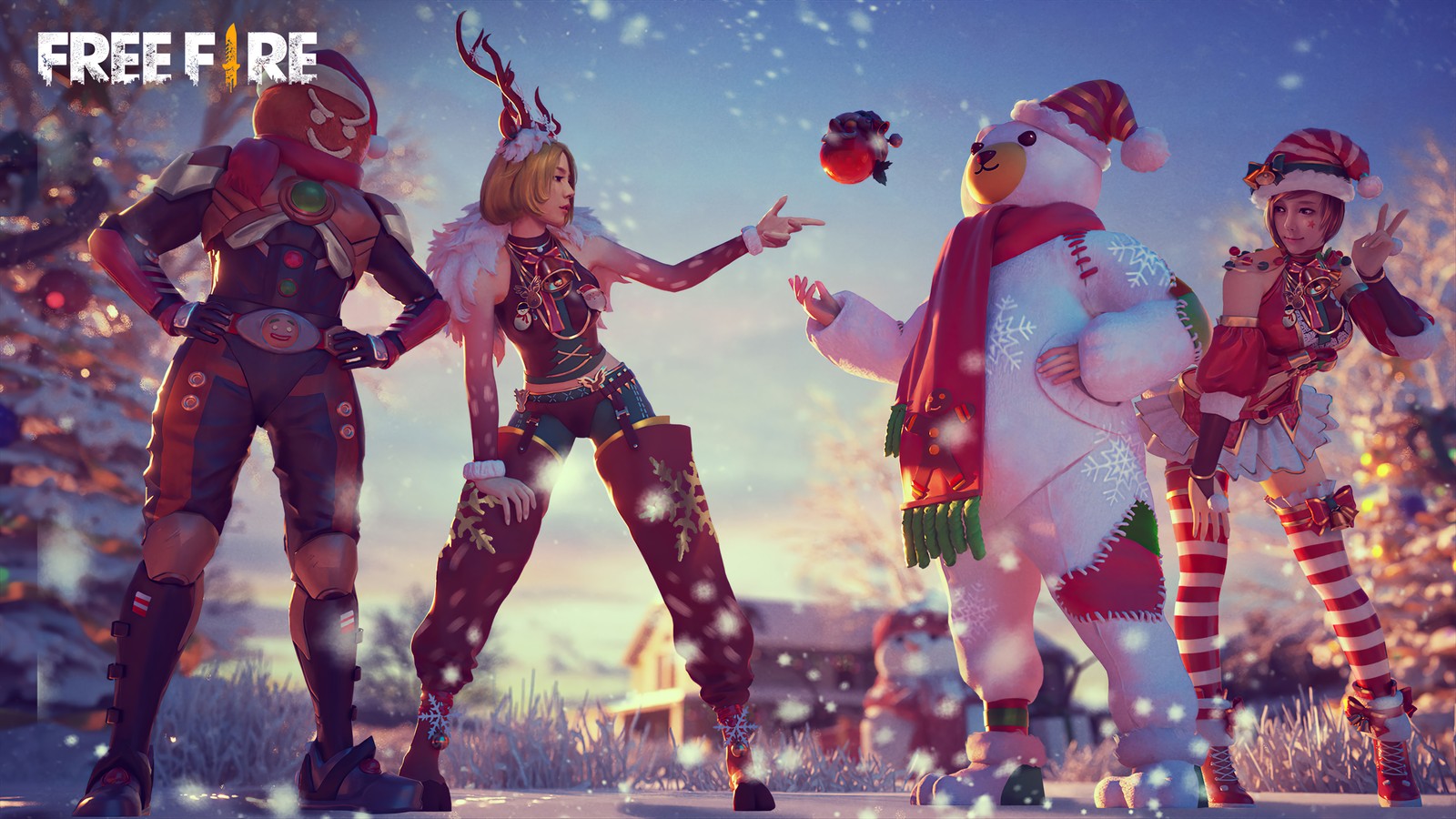 Un grupo de mujeres vestidas de navidad de pie junto a un muñeco de nieve (garena free fire, battle royale, videojuego, tierra de invierno, piel)