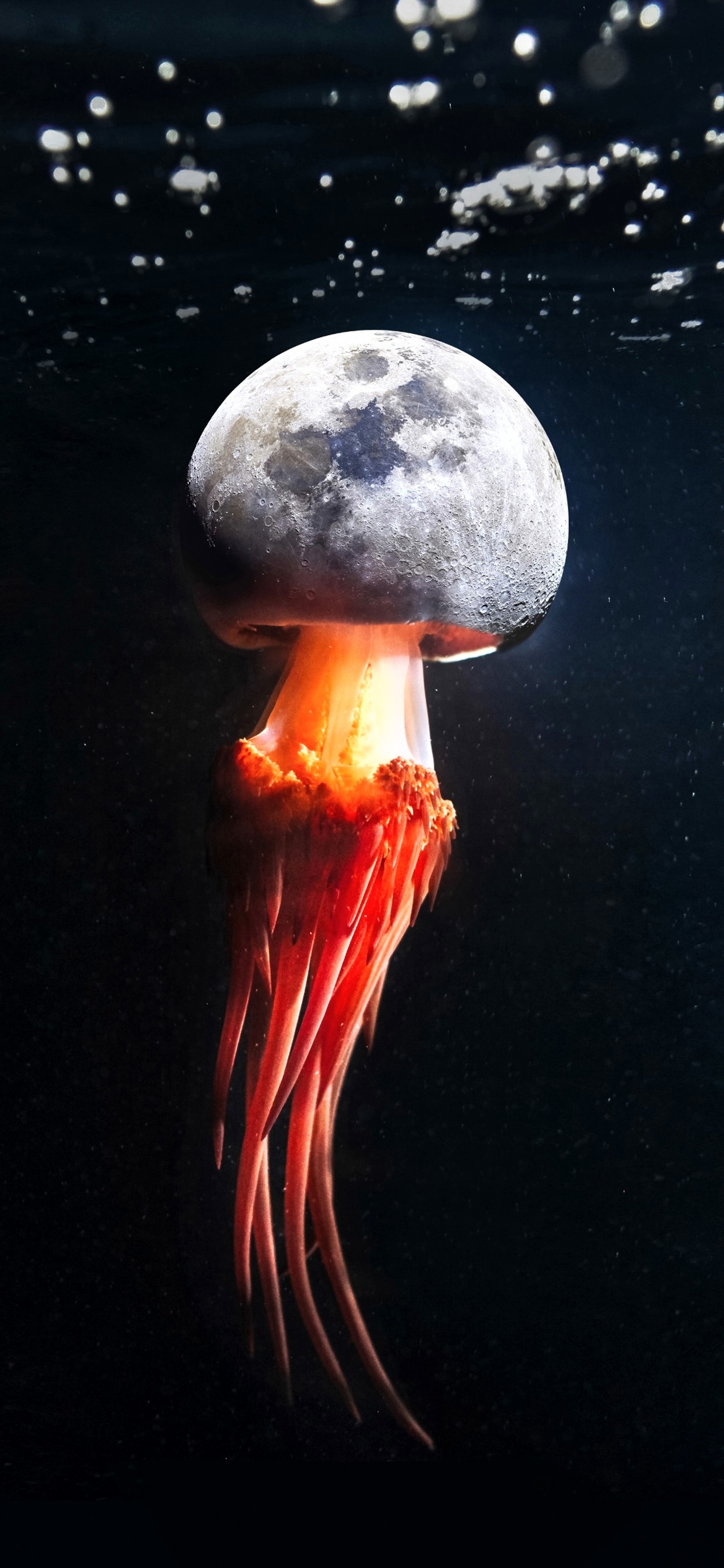 There is a jellyfish floating in the water with a moon on its back (canvas, painting, poster, art, collage)