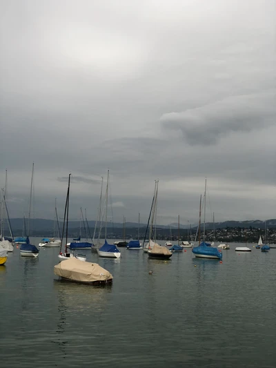 Voiliers ancrés sous des cieux nuageux sur des eaux tranquilles