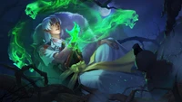 Sesshomaru canalizando poderes místicos en un bosque oscuro