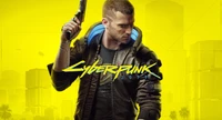 Cyberpunk 2077: Personagem futurista com arma contra uma paisagem urbana amarela vívida