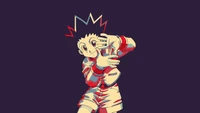 Gon Freecss dans une pose ludique sur un fond sombre, mettant en avant un style anime minimaliste et mignon.