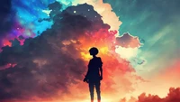 standing, alone, silhouette, colorful, clouds wallpaper