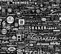 A collage of iconic car logos in black and white, showcasing a diverse range of automotive brands.