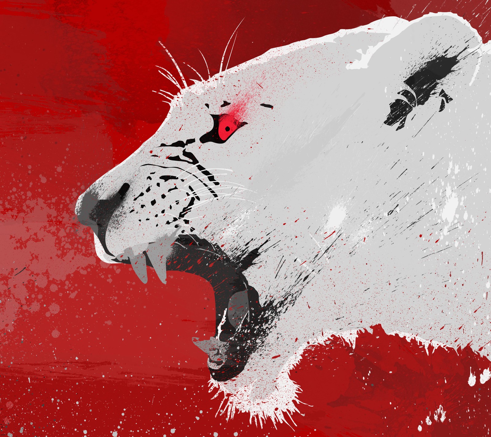 There is a white tiger with red eyes and a red background (abstract, angry, art, color, face)