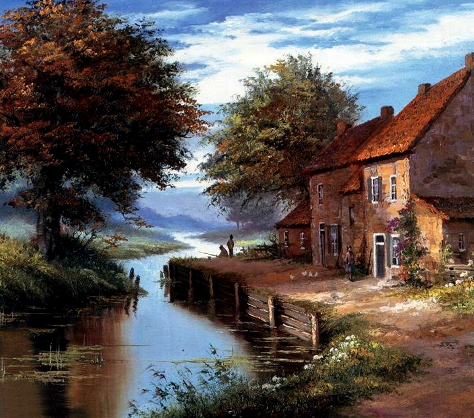 Painting of a country house by a river with a man standing on the bank (nature, wallpaper)