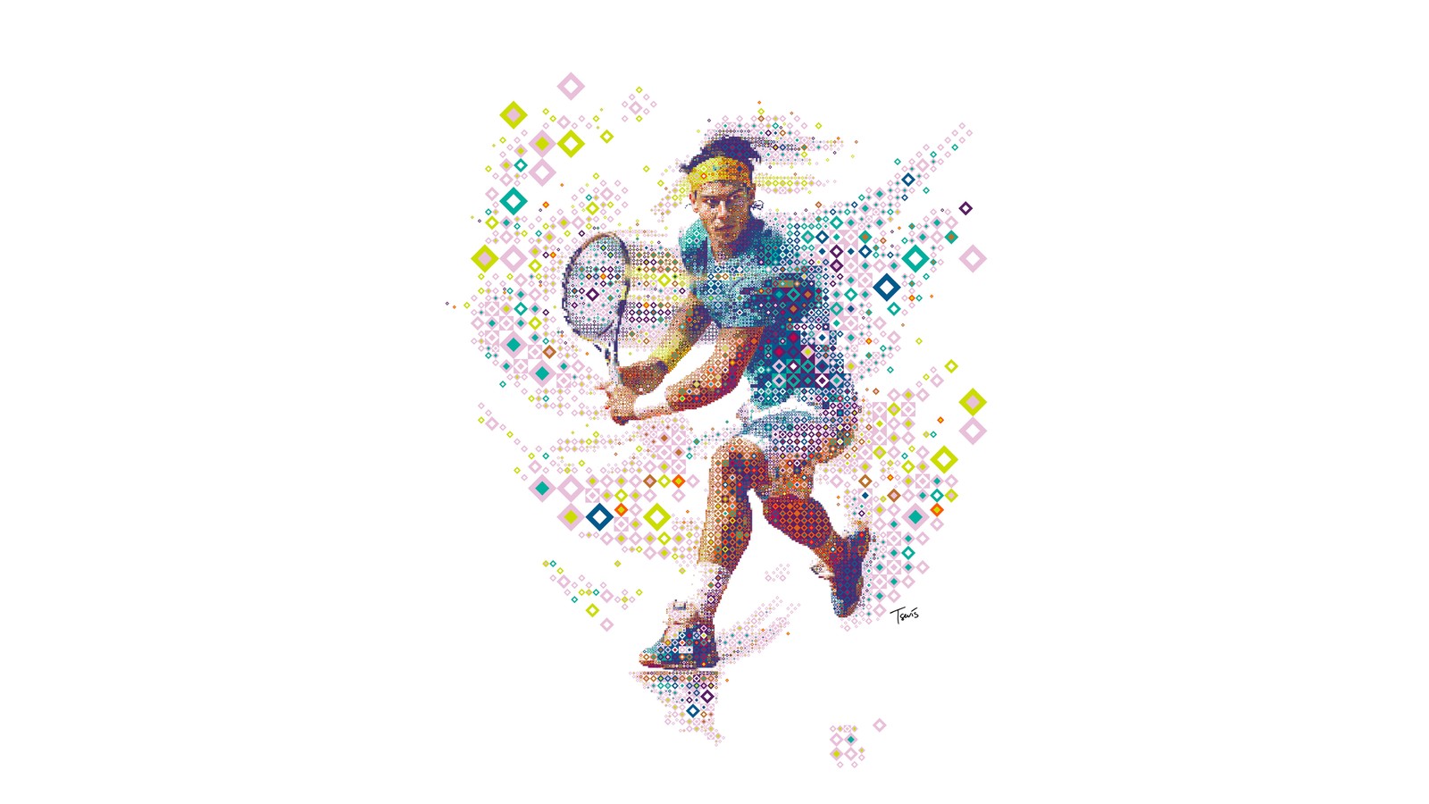 Image floue d'un joueur de tennis avec une raquette (rafael nadal, joueur de tennis, espagnol, art numérique, mosaïque)