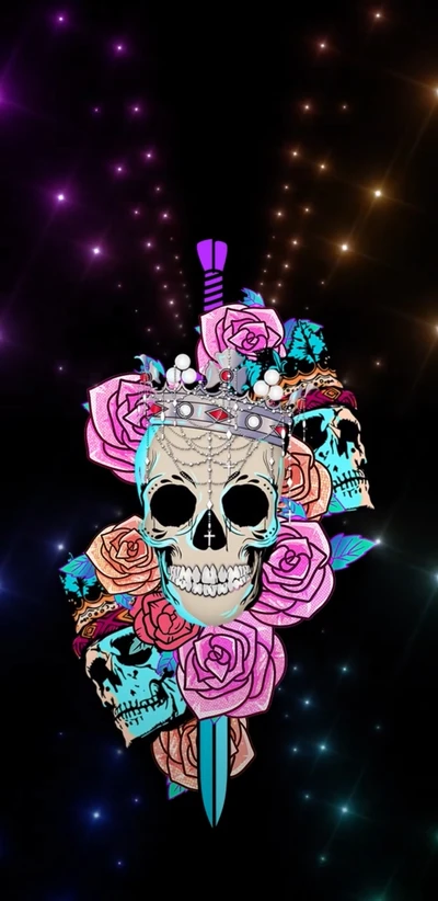 Regal Skull with Crown and Floral Accents