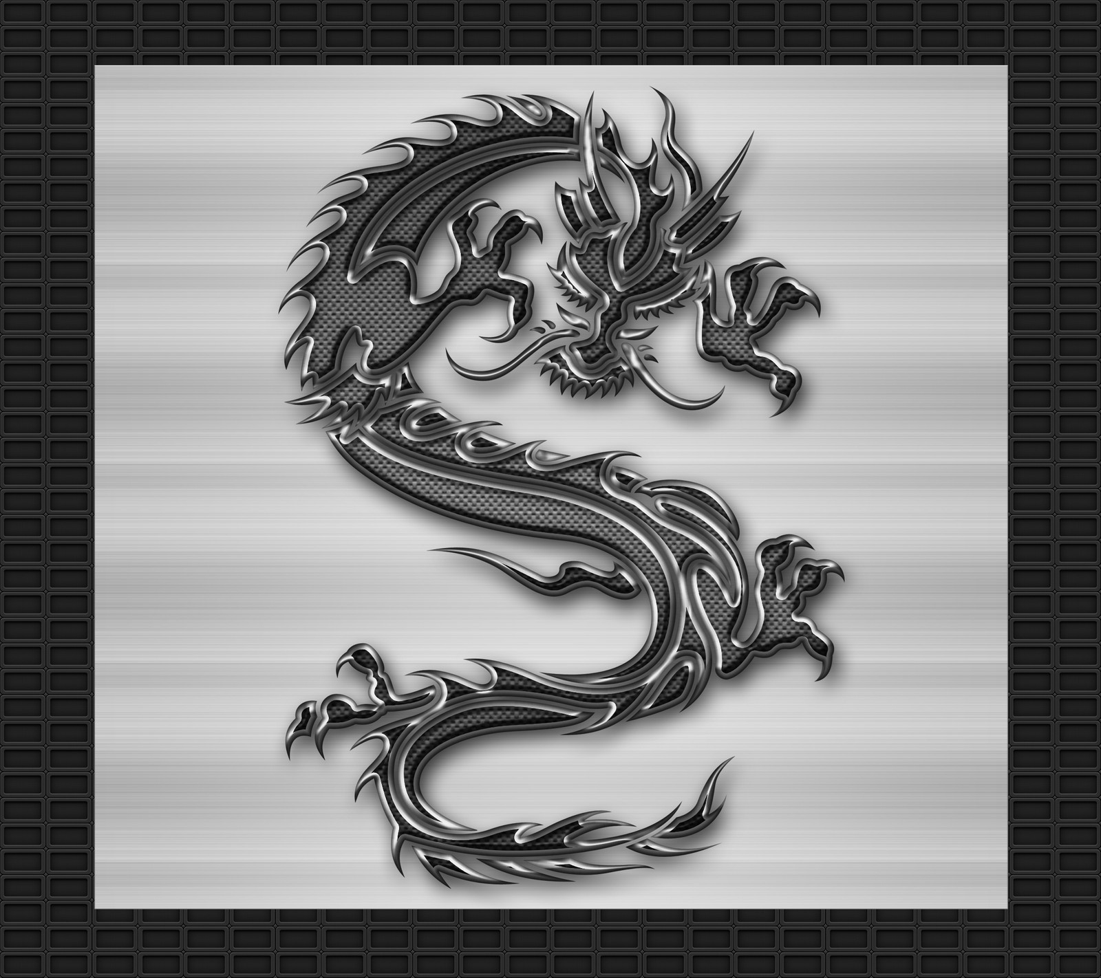 A black and silver dragon on a metal background (art, black, chrome, design, dragon)