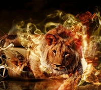 A fierce lion emerging from flames, symbolizing power and resilience.