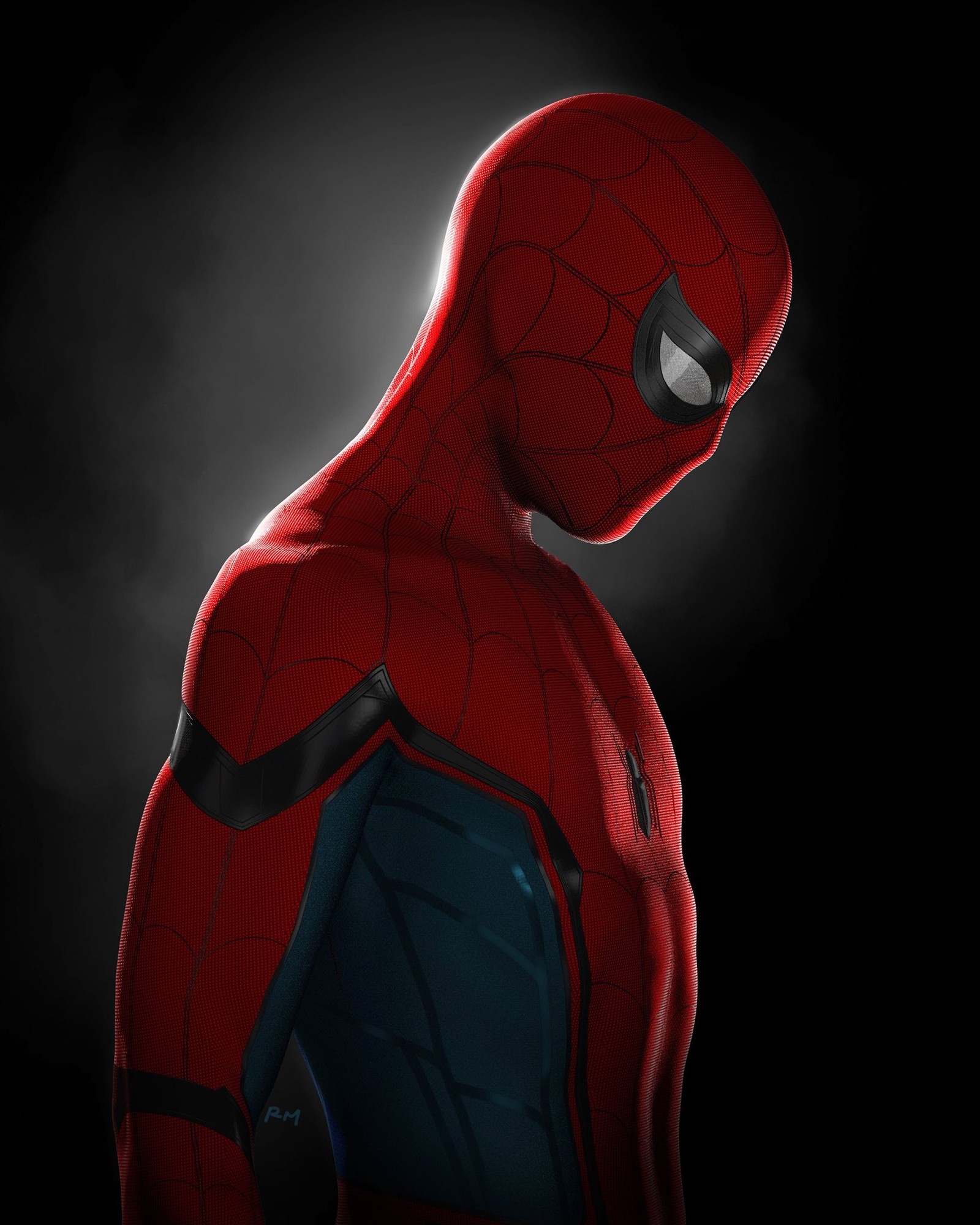 Spider-man dans un costume rouge sur fond noir (spiderman, spider man homecoming)