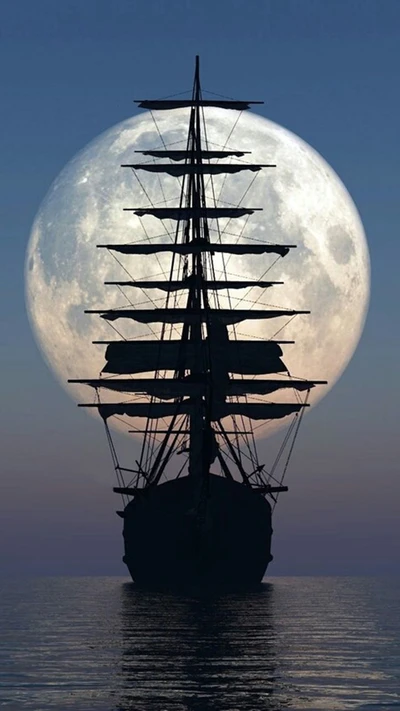 moon, sea, ship